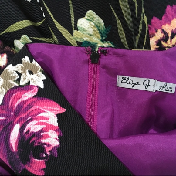 Eliza J A Line Dress Womens 4 Black Purple Floral Belted Lined Sleeveless - Picture 5 of 9